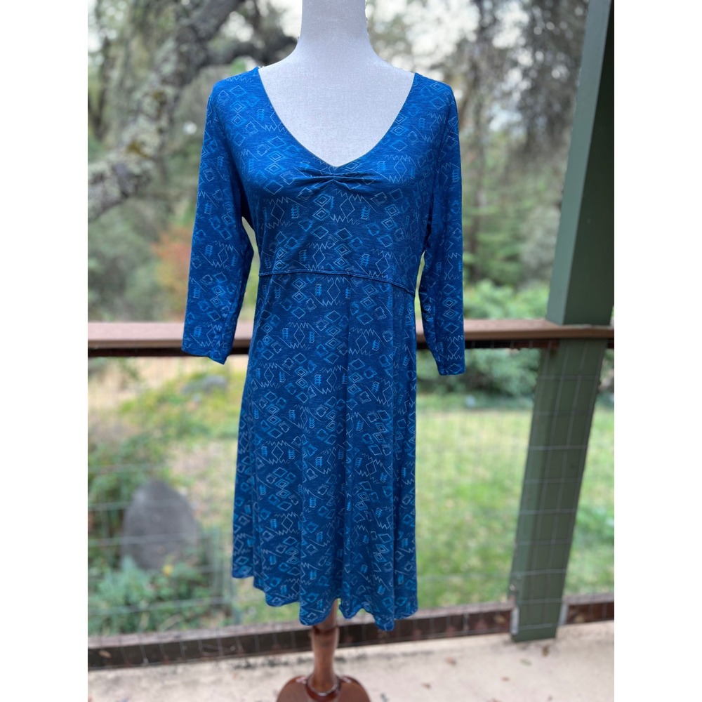 Toad&Co Blue Geometric Print V-Neck Dress Organic Cotton Tencel Lrg  Athleisure